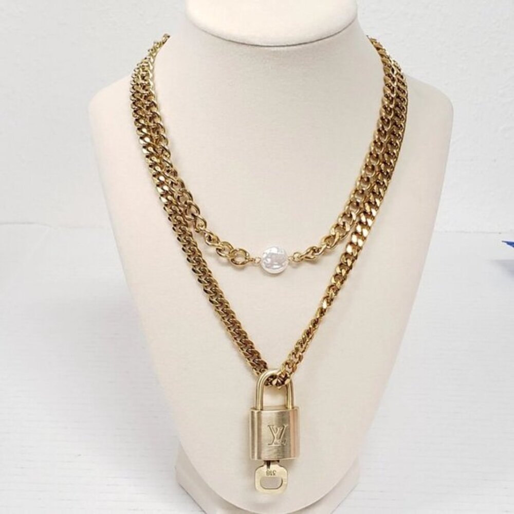 Stainless Steel Gold-Plated Necklace with Authentic Louis Vuitton Padlock